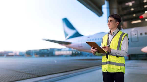 Two engineers in high-visibility vests work on the nose gear of a large aircraft on the tarmac