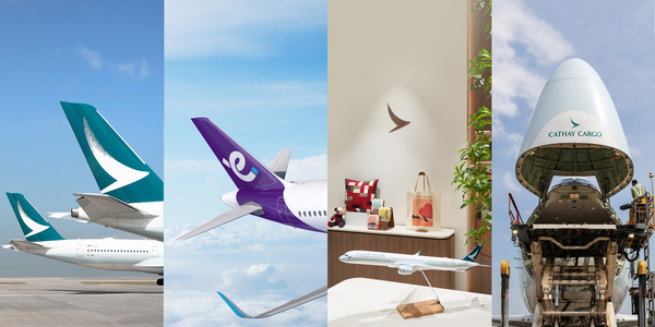 A banner contains images of all the brands and subsidiaries under Cathay Group.